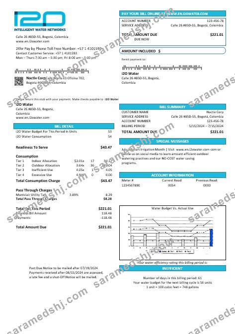 Colombia i2O Water business utility bill template in Word and PDF formats